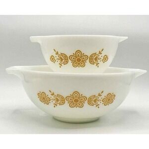 Pyrex Butterfly Gold White Milk Glass Mixing Bowls Set of 2 Vintage